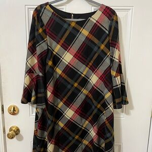 Plaid A-Line Dress - Black, Red, Yellow